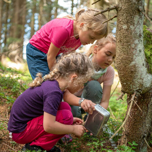 Kinder auf der MounTeens Detektiv-Wanderung am Imberg in Oberstaufen