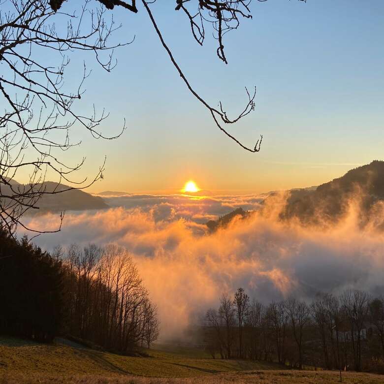 Blick von einem Hügel über ein Nebelmeer, darüber die strahlende Sonne