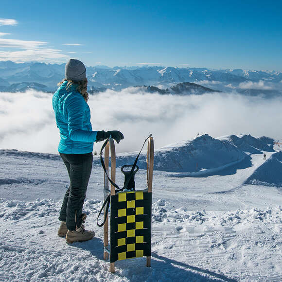 Schlittenfahrerin am Hochgrat mit Blick in die Alpen