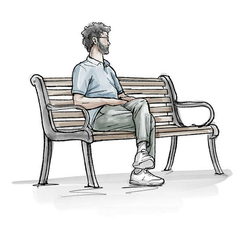 Die Zeichnung eines jungen Mannes, der auf einer Parkbank in die Ferne schaut.