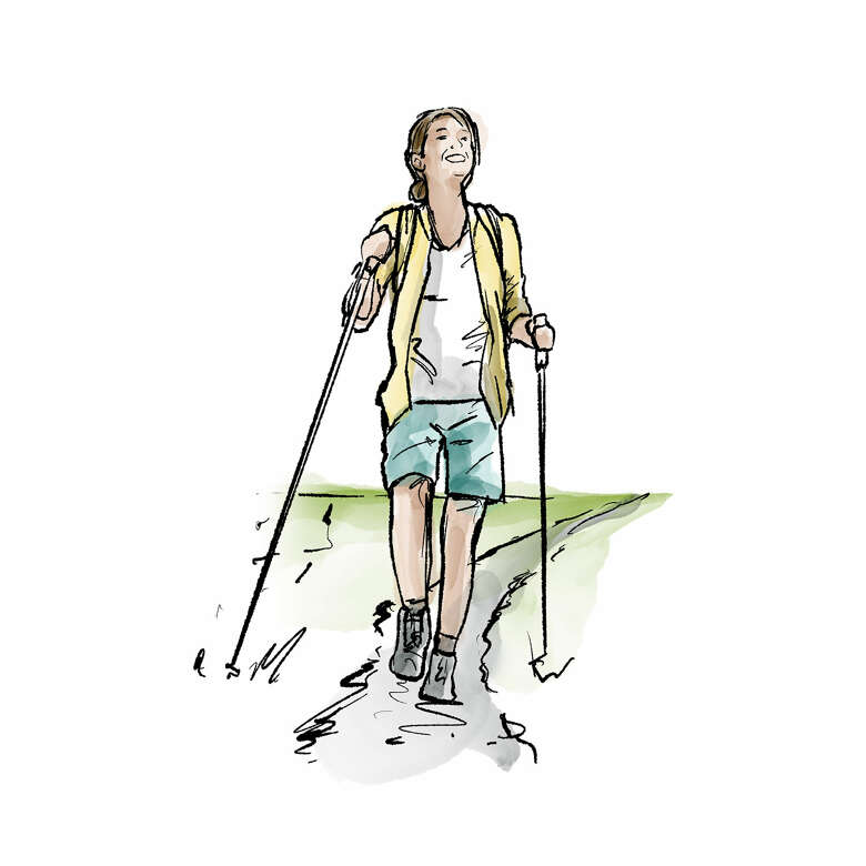 Die Zeichnung einer sportlichen, jungen Frau, die wandert.