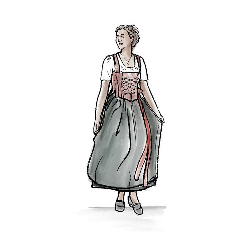 Die Zeichnung einer traditionell gekleideten Frau im Dirndl.