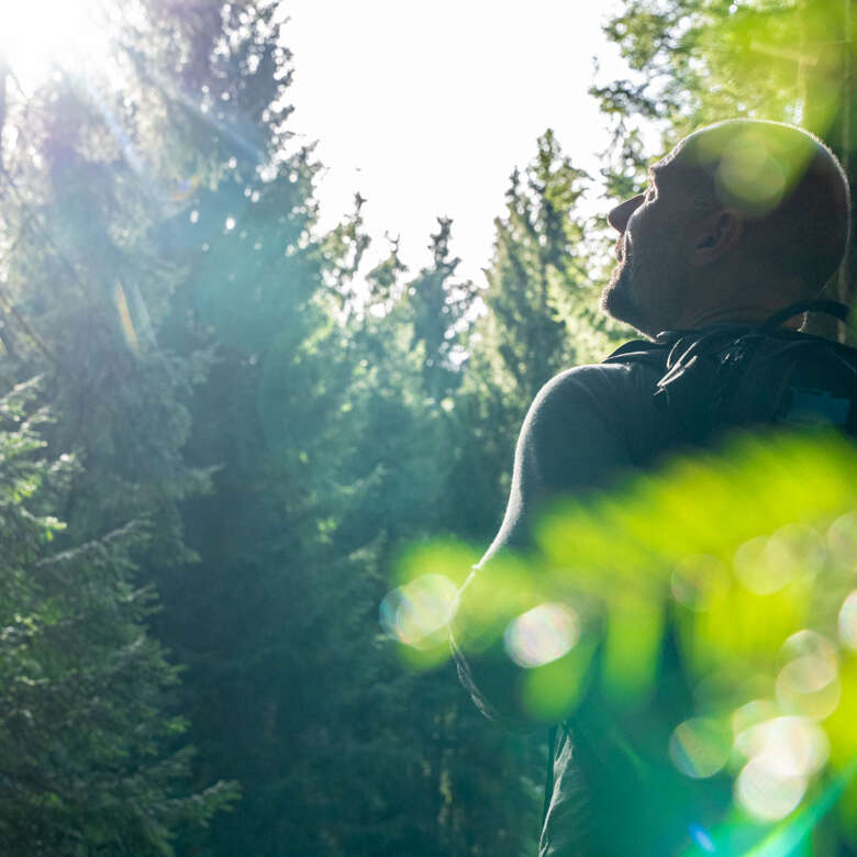 Natur hautnah spüren Mann steht im Wald in der Sonne und lässt die Natur auf sich wirken