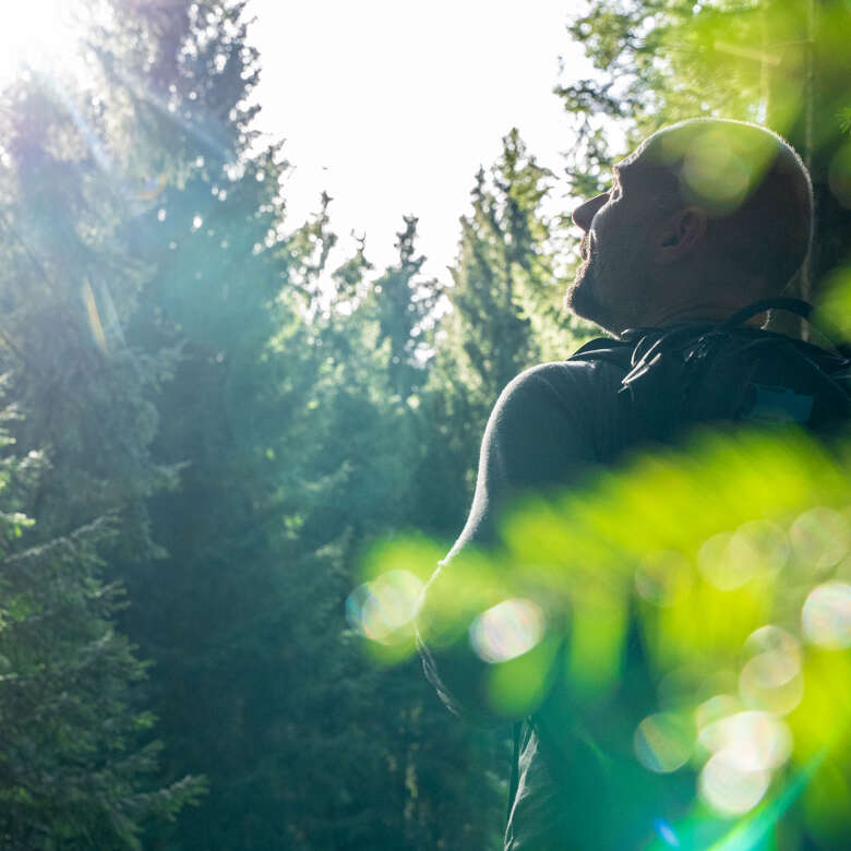 Mann steht im Wald in der Sonne und lässt die Natur auf sich wirken