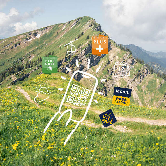 Leistungen Allgäu-Walser-Pass Icons Allgäu-Walser-Pass vor Bergpanorama im Frühling