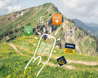 Icons Allgäu-Walser-Pass vor Bergpanorama im Frühling
