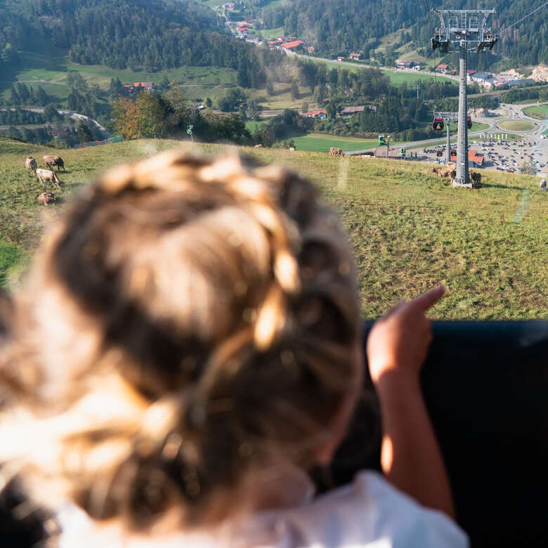 Blick aus der Gondel am Hündle Richtung Tal.