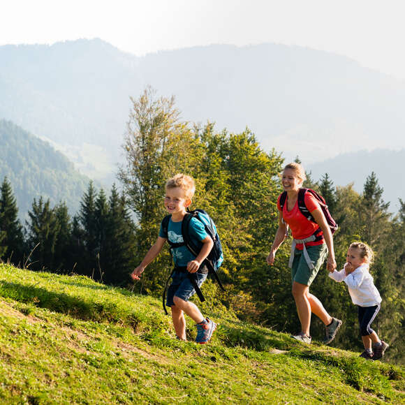 Familienwandern am Hündle mit Aussicht auf die Bergwelt von Oberstaufen