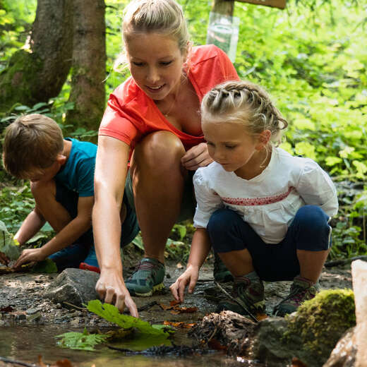 Familie an Wasserspielen in der Natur