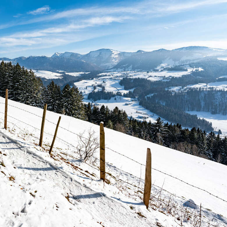 Aussicht auf die verschneite Nagelfluhkette vom Kapf in Oberstaufen