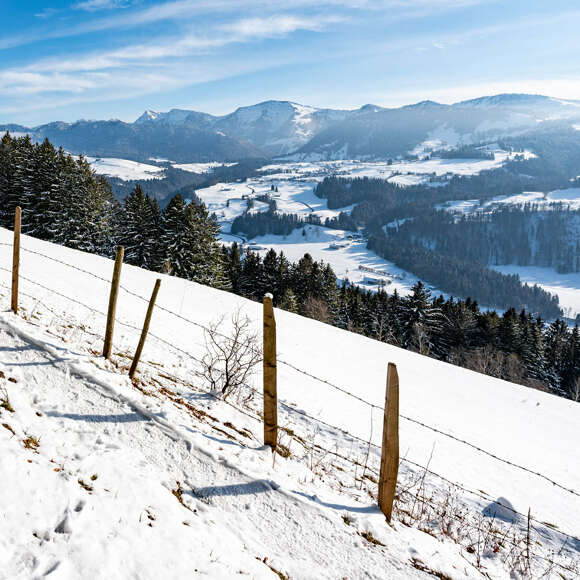 Sonniger Wintertag in Oberstaufen mit Ausblick auf den Hochgrat