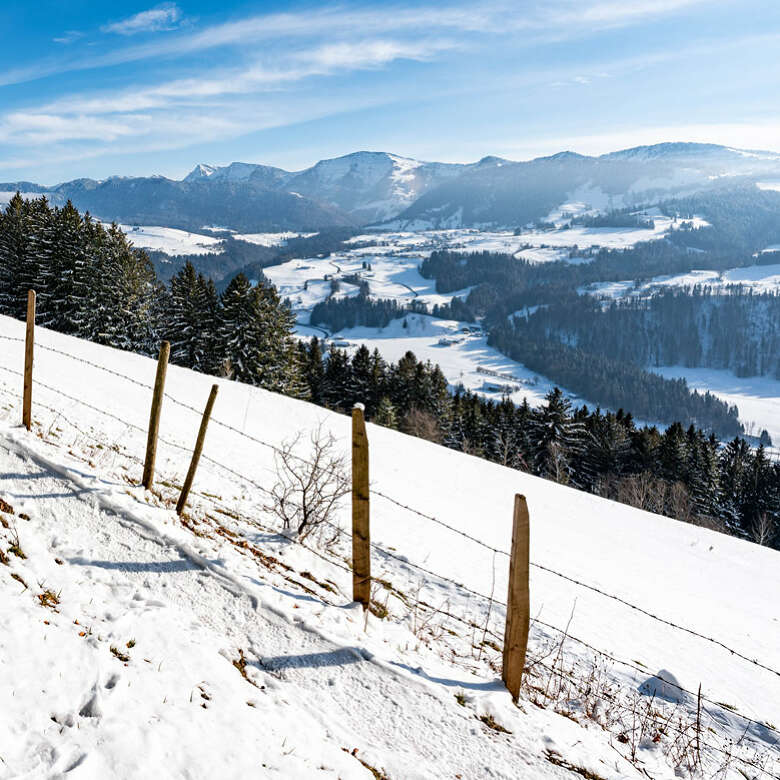 Ausblick auf die schneebedeckten Alpen vom Kapf