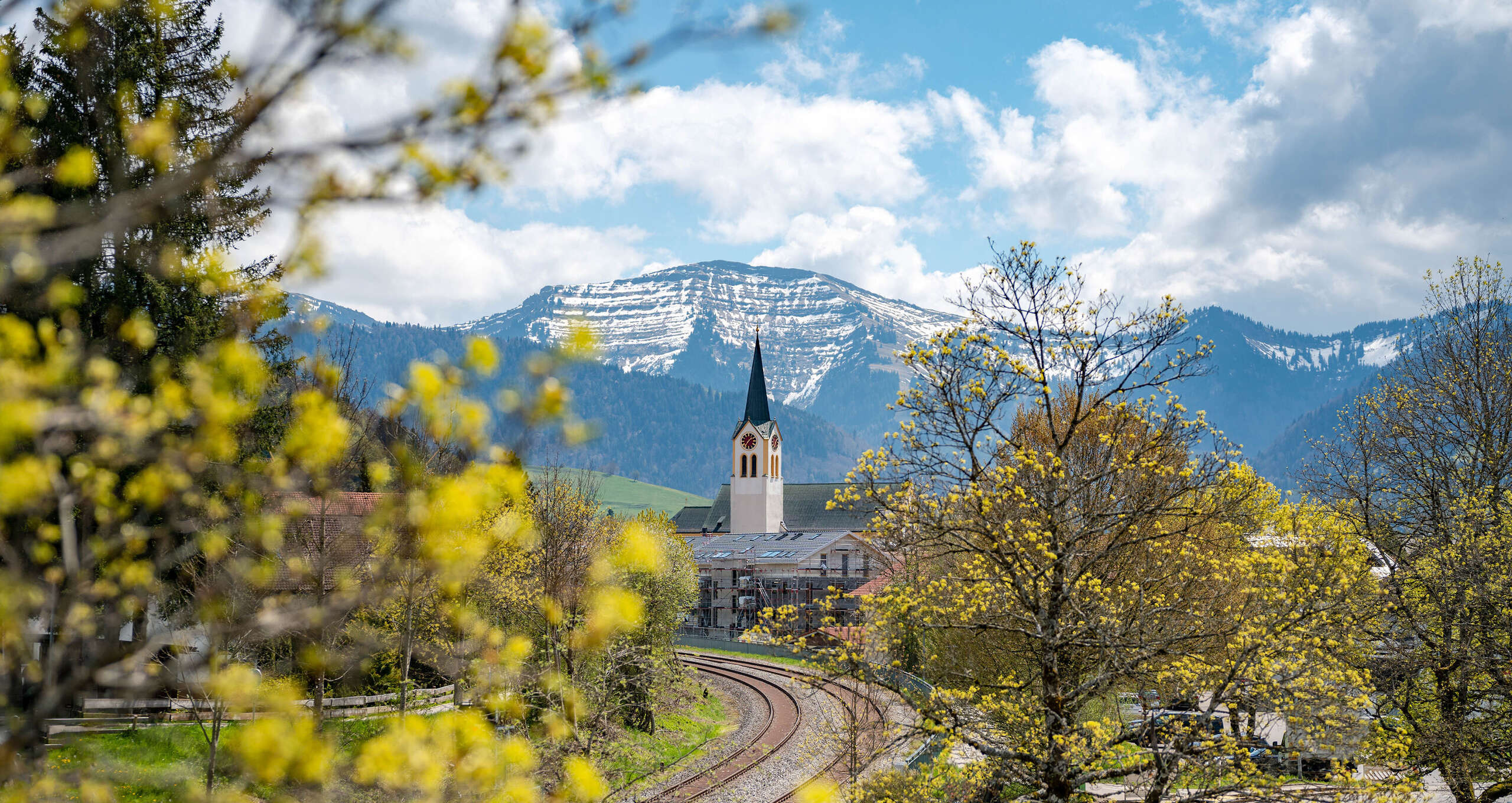 Blühende Bäume im Frühling in Oberstaufen mit Ausblick auf die Kirche und den Hochgrat