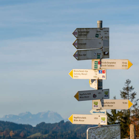 Wegweiser am Hündle mit Weitblick zum Säntis und die Berge von Oberstaufen