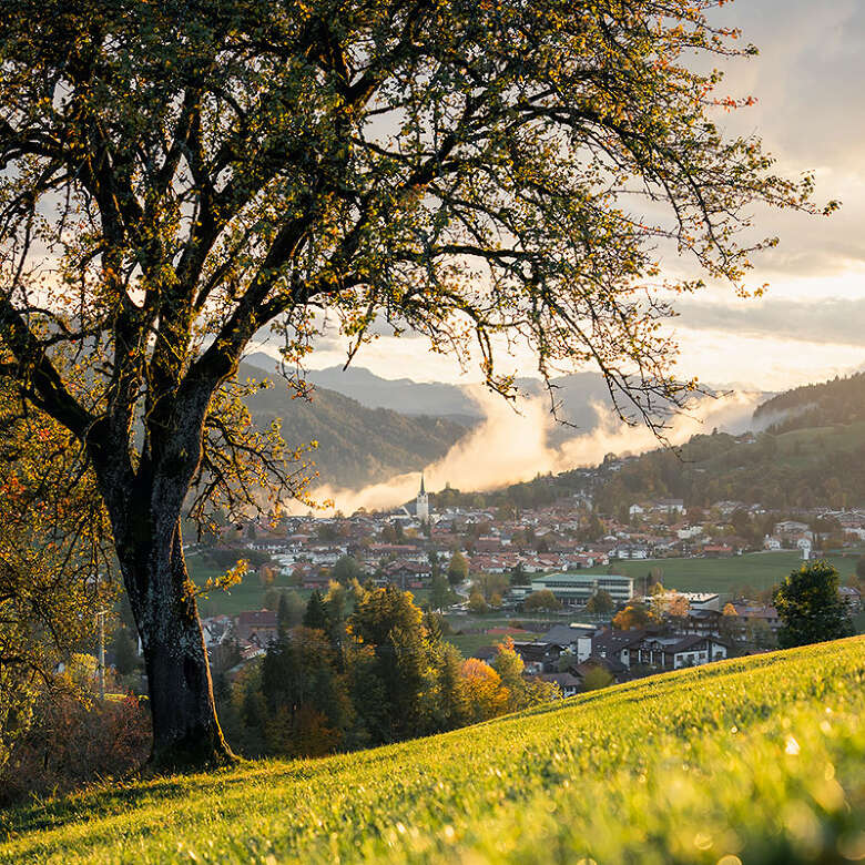 Ortansicht mit Nebelstimmung Blcik auf Oberstaufen Ort in der untergehenden Sonne im Spätsommer mit Nebelstimmung
