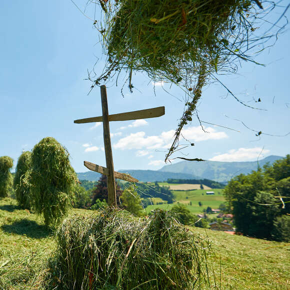 Sommer im Allgäu Heuernte von Hand auf einem Feld mit Hochgratpanorama im Sommer.