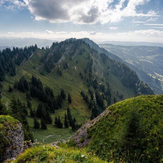 Gipfel von Häderich und Falken mit Weitblick auf die Berge von Oberstaufen