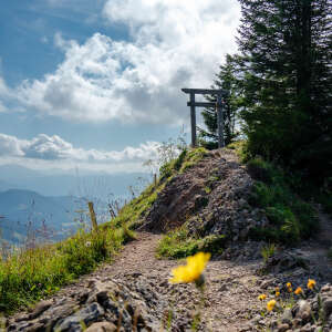 Wanderweg mit Nagelfluhgestein zur Porta Alpinae und Bergblick im Sommer