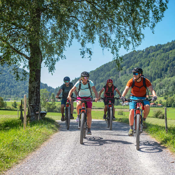 Radfahren im Konstanzer Tal Radgruppe auf dem Radweg zwischen Oberstaufen und Thalkirchdorf im Sommer