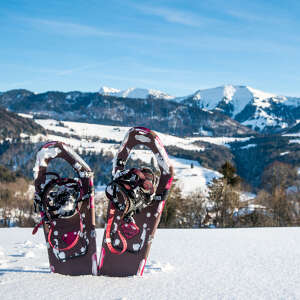 Schneeschuh mit Weitblick Schneeschuhe im Tiefschnee mit Panorama der verschneiten Nagelfluhkette.