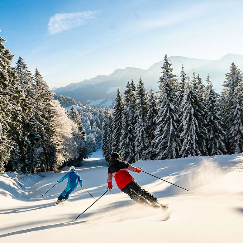 Sonnenskifahren in der Skiarena Sonneskifahren in der Skiarena Steibis mit Ausblick auf die Berge von Oberstaufen