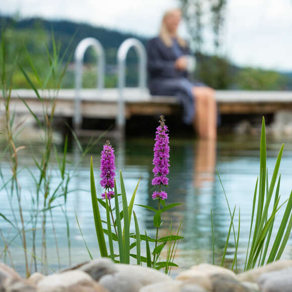 Kräuter an einem Schwimmteich. Im Hintergrund eine blonde Frau im grauen Bademantel