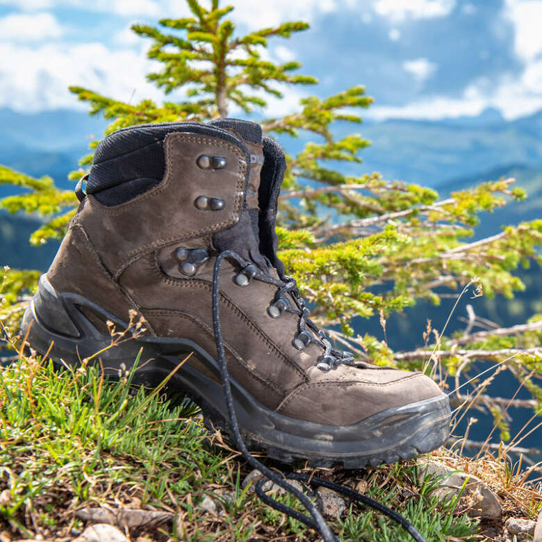 Wanderschuh auf einem Felsen im Sommer