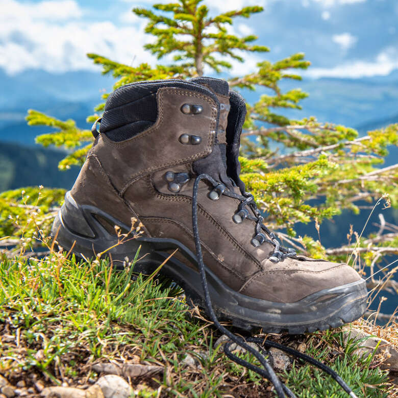 Bergschuh auf einem Fels.