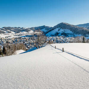 Schneebedeckte Landschaft vor Oberstaufen im Winter
