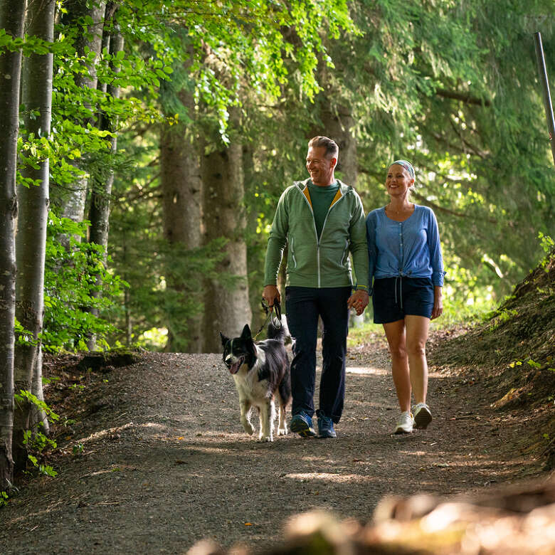 Beim Wandern mit Hund in der Natur von Oberstaufen entdecken Mensch und Tier die schönsten Seiten des Allgäus.