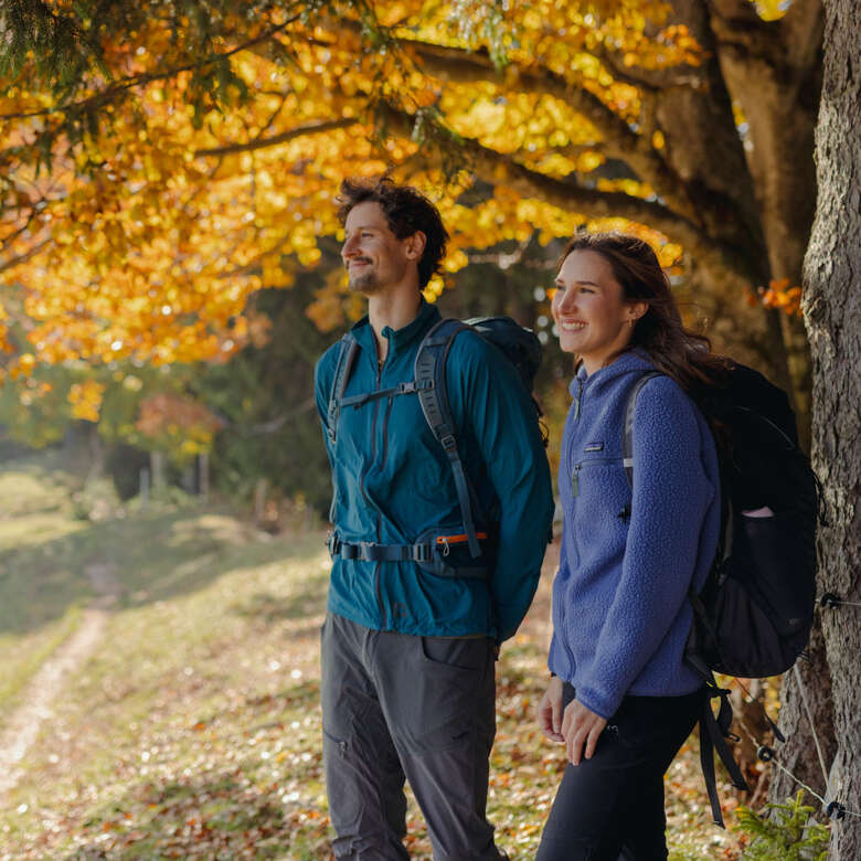 Wanderer am Kojenstein Zwei Wanderer stehen unter goldgelb gefärbten Bäumen auf dem Waldweg am Kojenstein in Oberstaufen im Allgäu.