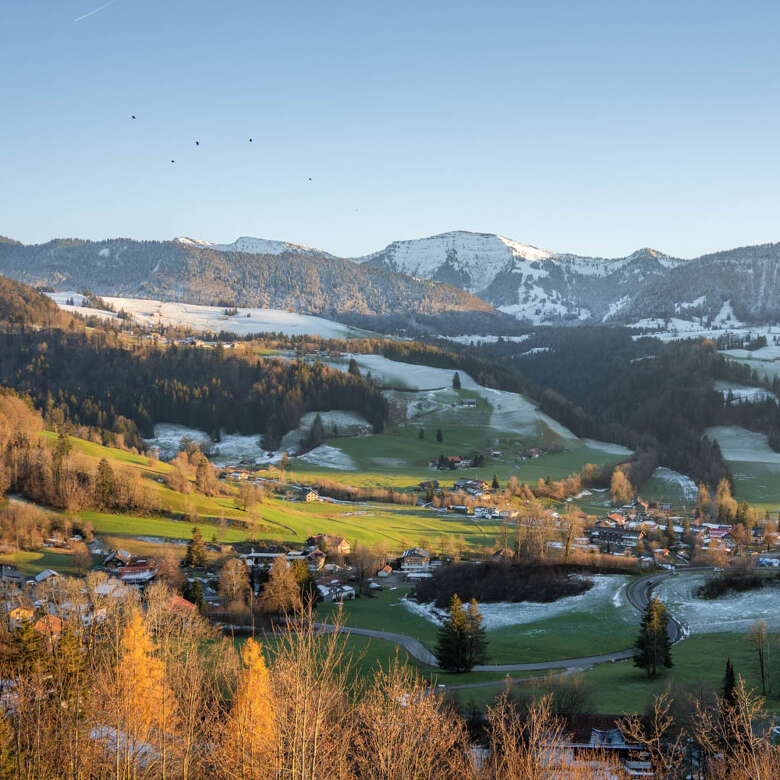 Weißes Bergpanorama der Nagelfluhkette bei grünen Wiesen im Tal